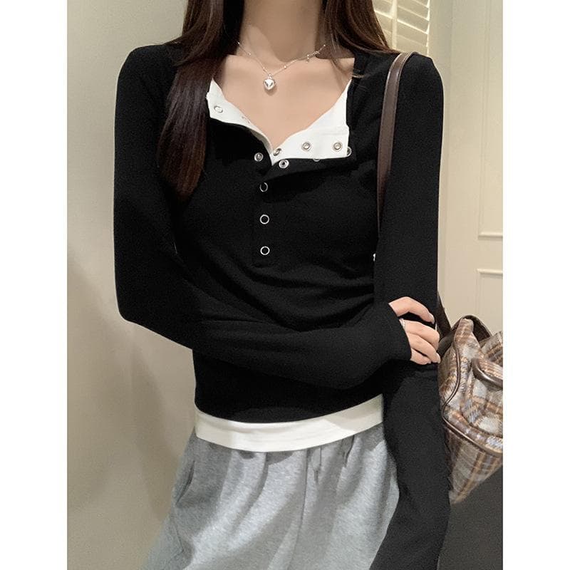 Half-open Collar Contrasting Long-sleeved T-shirt Women's Spring Slim Fake Two-piece Top XL black