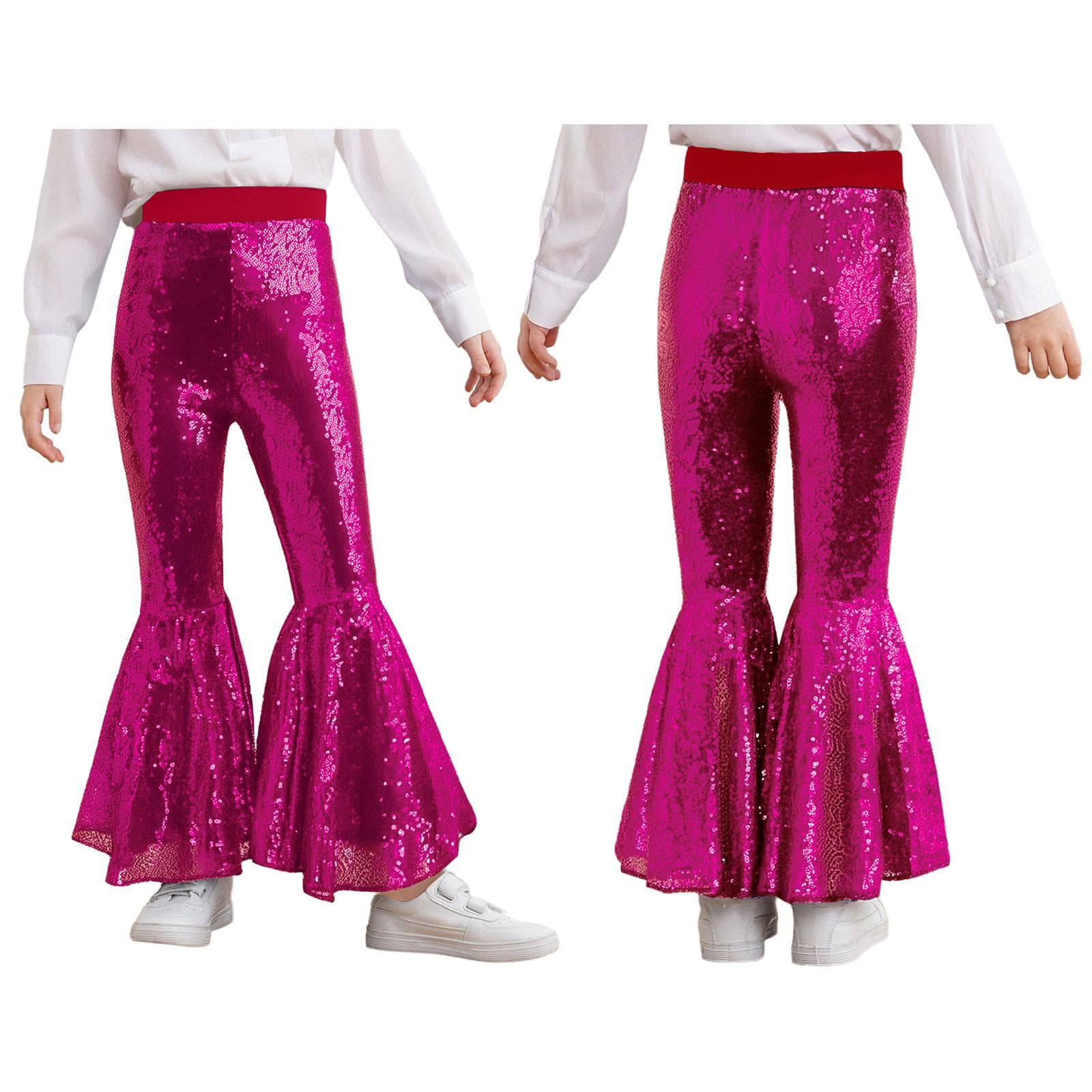 Complete Girls Stage Performance Pants: Glittery Sequin Bell-Bottoms with Elastic Waistband for Dance & Show hot pink