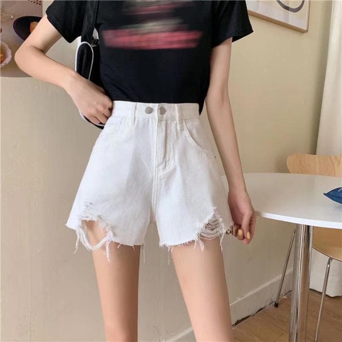 Niche Ripped Denim Shorts for Women, New Summer Style High Waist Loose Slimming A-line Wide-leg Pants Fur Edges XXL