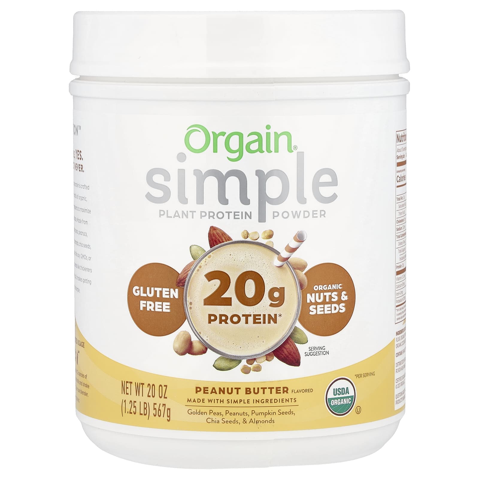 Orgain, Simple, Plant-Based Protein Powder, Peanut Butter, 20 oz (567 g)