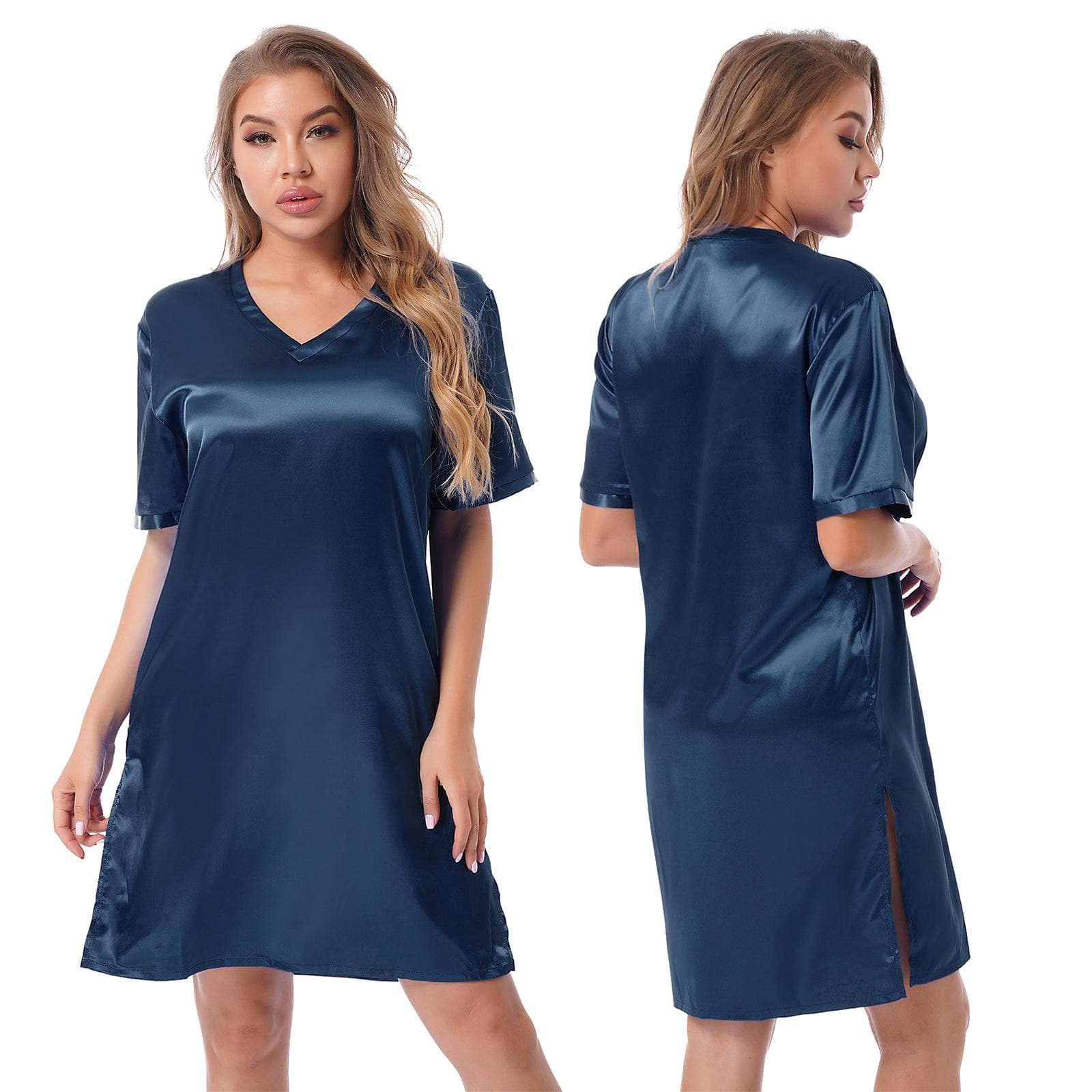 Women Short Sleeve Sleepwear Homewear Nightshirt Nightgown Solid Color Sleepshirt XXL navy blue