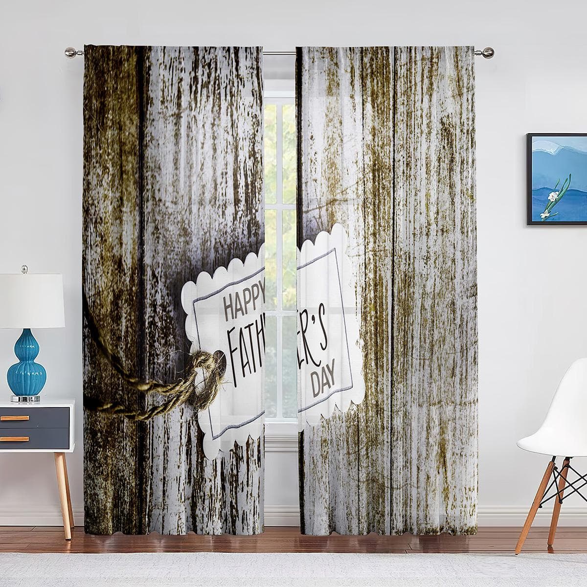 Happy Father‘s Day Sheer Voile Curtain Ocean Beach Sunset Kids Silhouettes Window Tulle Curtains for Living Room Bedroom Decor 1 PCS W100XH250cm&Grommet Top