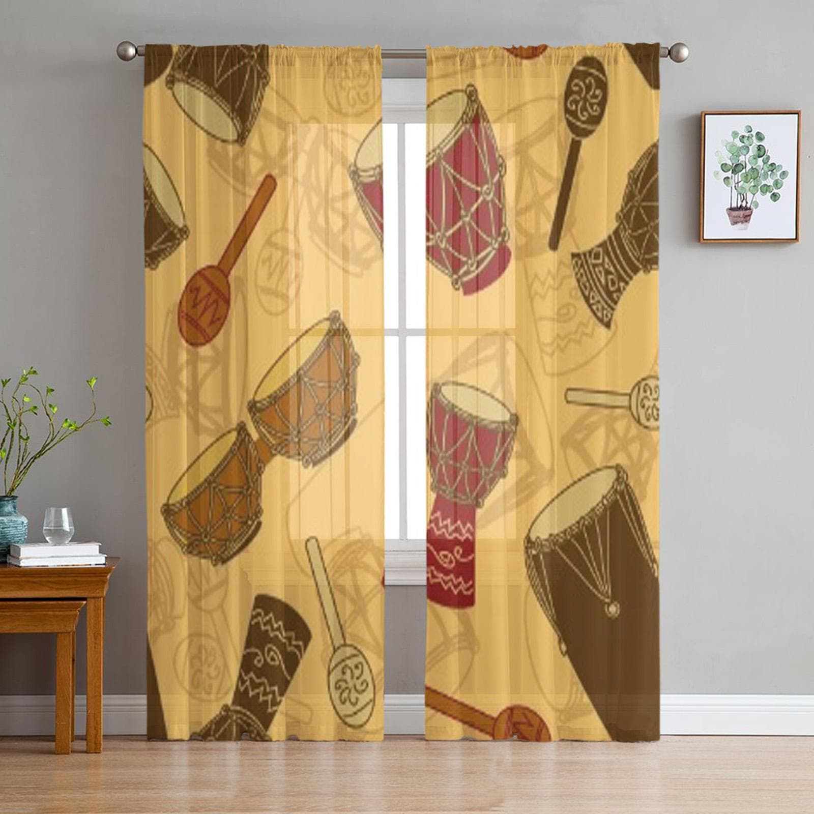 African Percussion Luxurious Chiffon Sheer Curtains for Living Room Bedroom Decoration Window Voiles Tulle Curtain 135W x 114H(cm)