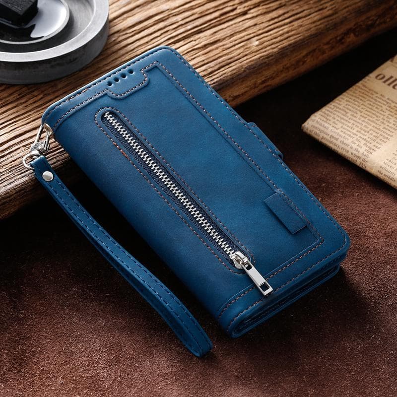 Luxury Glitter Wallet Case with 9 Card Slots for Samsung iPhone Huawei Xiaomi Redmi Zipper Leather Flip Cover Samsung A21S blue