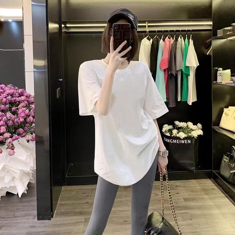 Summer New Niche Black Mid-length Curved T-shirt Women's Loose Top Cartoon Printed Short-sleeved Early Spring XXL