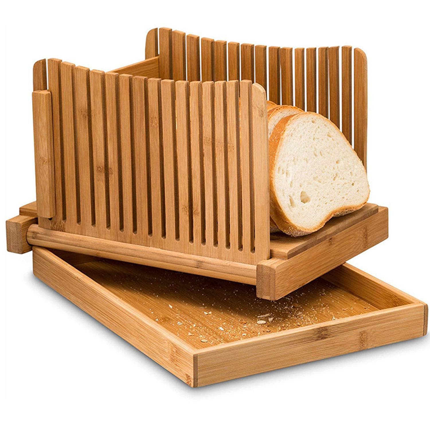 Bamboo Bread Slicer with Cutting Board Foldable Adjustable Bread Slicer For Homemade Bread Loaf brown