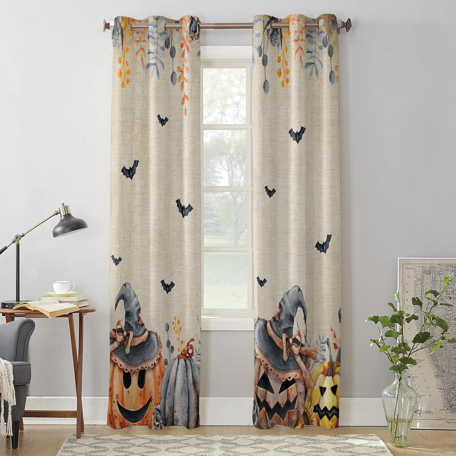 Halloween Pumpkin Bat Curtains for Bedroom Living Room Window Curtain Treatments Blinds Kitchen Home Decor Drapes 135W x 60H(cm) x1