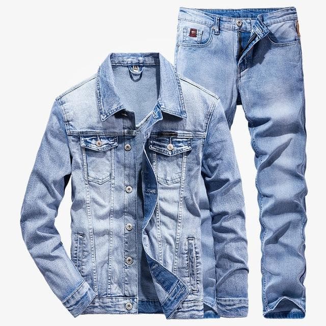 Men 2 Piece Sets New Simple Spring Autumn Smoky Gray Long Sleeve Denim Jacket +Jeans Fashion Slim Couple Denim Suit Ropa Hombre XXXL
