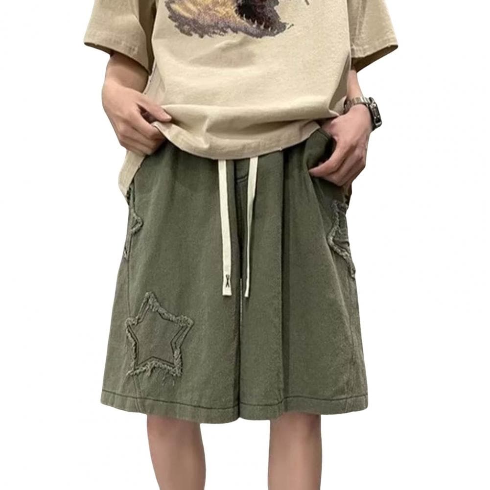 Men Denim Shorts Elastic Waist Adjustable Drawstring Oversized Wide Leg Short Jeans Washed Knee-length Shorts with Tassel Edge S M green