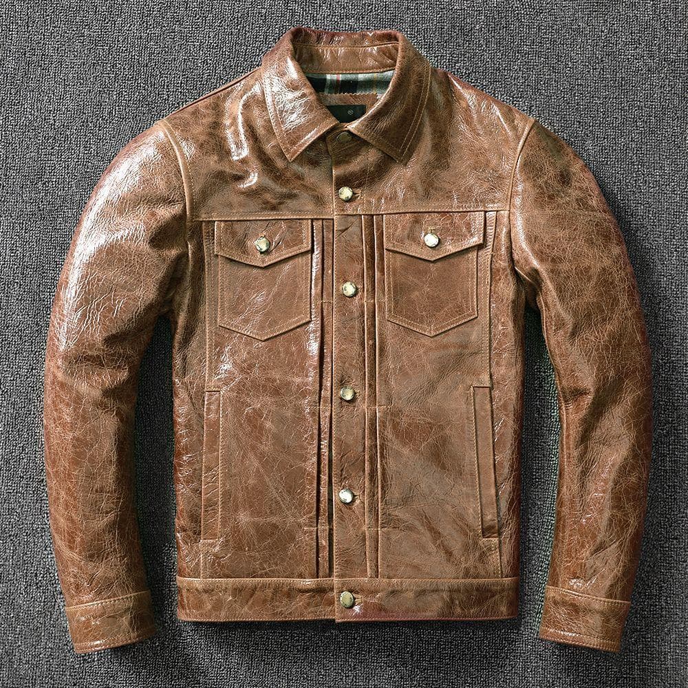 Korean Slim Leather Jacket Men's Denim Leather Jacket Pure Head Layer Cowhide Oil Wax Retro Style Fashion Coat 5XL