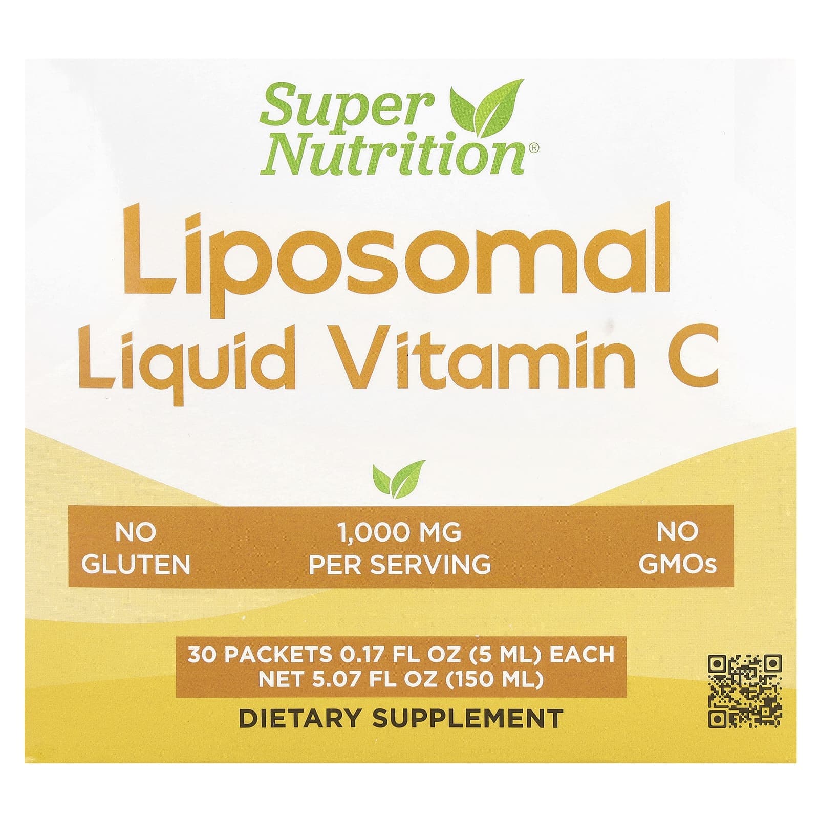 Super Nutrition, Liposomal Liquid Vitamin C, Unflavored, 1,000 mg, 30 Packets, 5 ml (0.17 fl oz) per pack