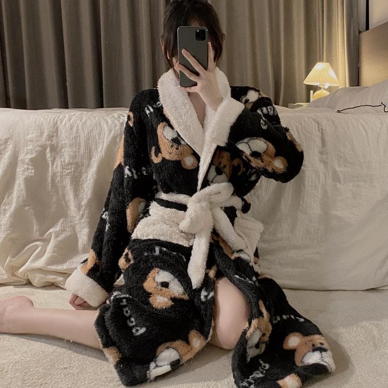 Lapel Robe Printing Nightgown Sleep Dress Long Sleeves Home Clothing Coral Flannel Bathrobe Morning Gown Cardigan Kimono 2XL