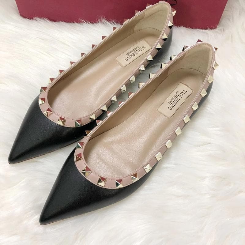 Luxury Brand Rivet Midsole Heel Shoes Leather Pointed Shallow Cut Flat Bottom Women's Shoes Versatile Fashion Women's Pumps 39
