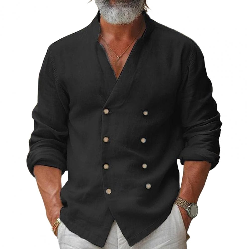 Casual Style Men Top Men's Double-breasted Cardigan with Stand Collar V Neck Casual Mid Length Shirt for Fall Spring for Daily XXXL black
