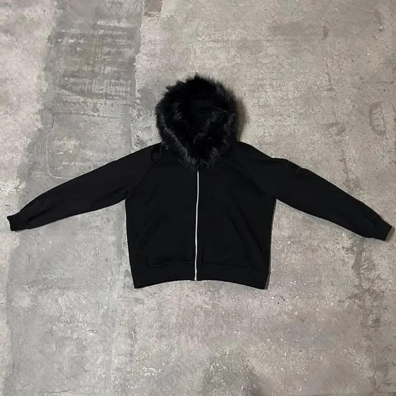 Y2K Zip up hoodie Faux Fur Collar Harajuku Rock Goth Top Retro Punk Loose Jacket Hip Hop Streetwear Zipper Hoodie Sweatshirt M black