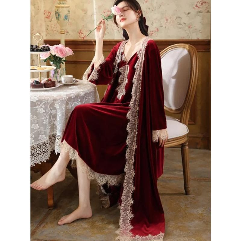 Elegant Sleepwear Lace V-Neck Velvet Night Dress Robes for Women Two Pieces Autumn Winter Nightwear Vintage Princess Nightgowns XL red