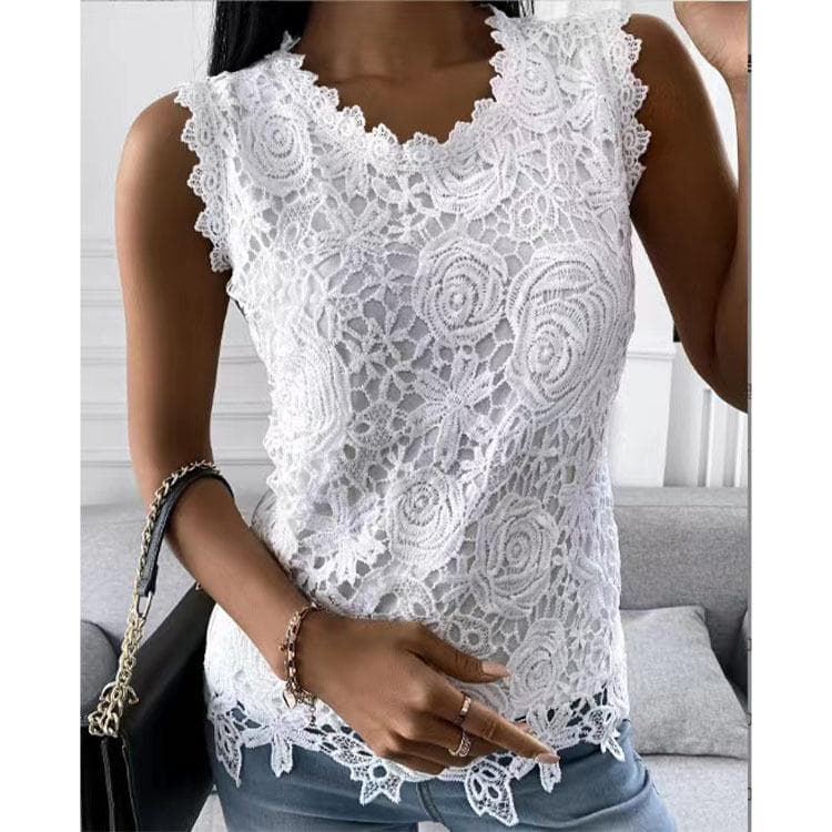 Plus Size Floral Vest Camisole Summer Tops Fashion Lace Blouse Women Jacquard Sleeveless Shirts Casual Women Vintage T-Shirt M white