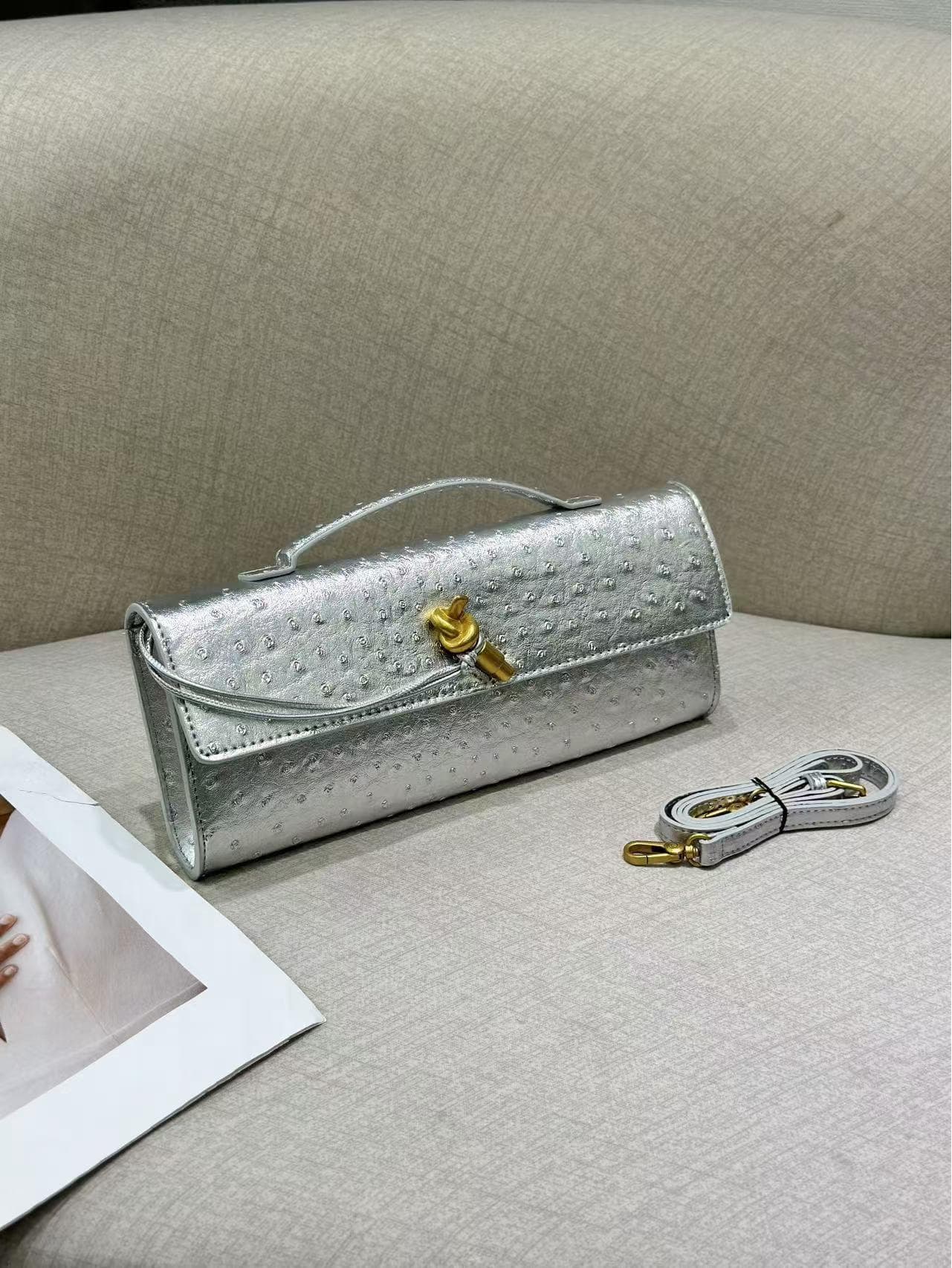 2025 Handmade Ostrich Pattern Baguette Evening Bag - Exquisite Shoulder & Crossbody Handbag Standard (Custom Hardware) silver