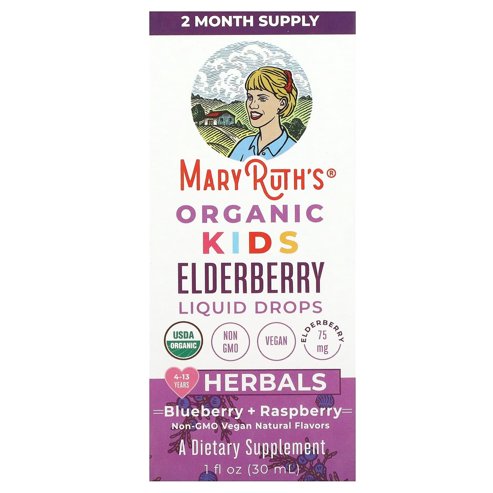 MaryRuth's, Organic Children's, Elderberry Liquid Drops, Ages 4 - 13, Blueberry + Raspberry, 1 fl oz (30 ml)