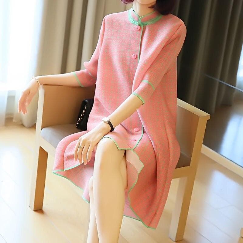 Fashion foreign fold dress female summer 2022 new mid -length loose jacket improved half sleeve o neck dress female clothing XL pink