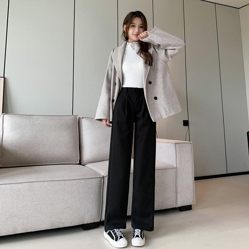 Small Autumn and Winter New Wool Casual Long Trousers for Women Single Button High Waist Straight Thickened Wool Wide-leg Pants 4XL black