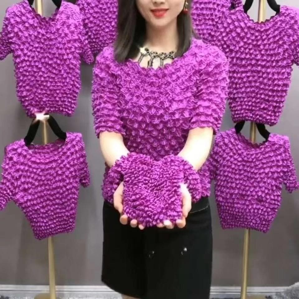 Women Casual T Shirts Pleated Pineapple Wrinkled Bubble Shirt Versatile Magic Suit Short Sleeve Solid Colorransparent Loose Hree-dimensional Top One size