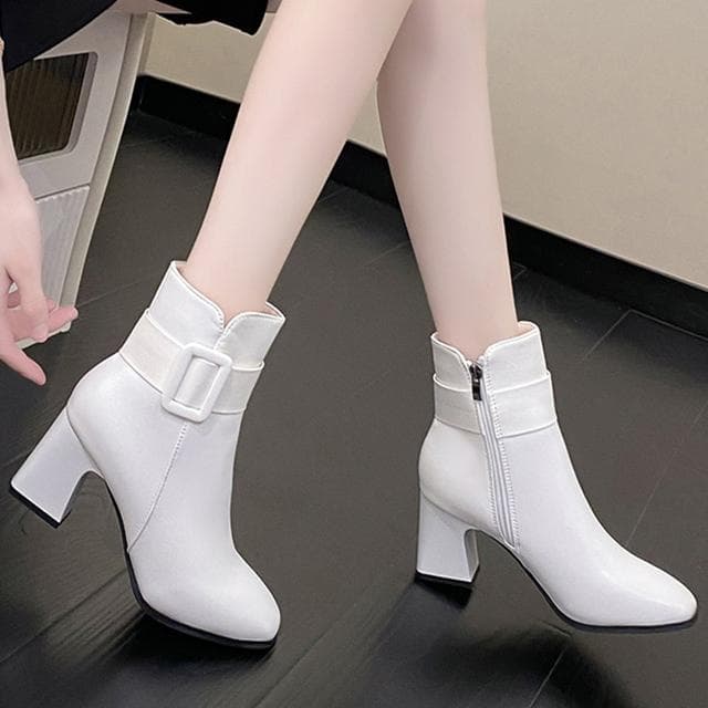 New Autumn Winter Women Chelsea Ankle High Heels Boots Fashion Party Sexy Chunky Pumps Casual Ladies Shoes Zipper Botas 36 white