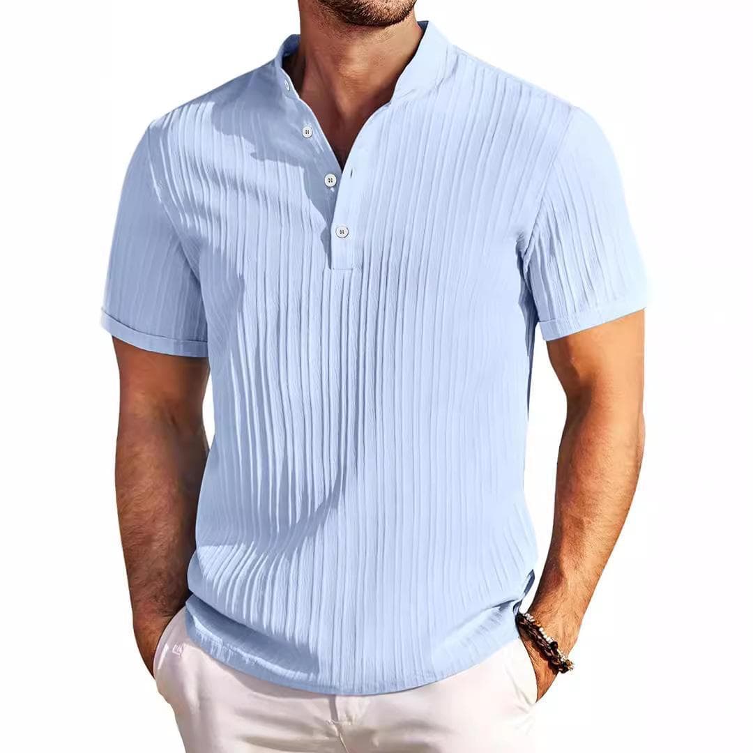 New Men's Retro Cotton Linen Striped Henley Shirt - Casual Loose Fit M sky blue