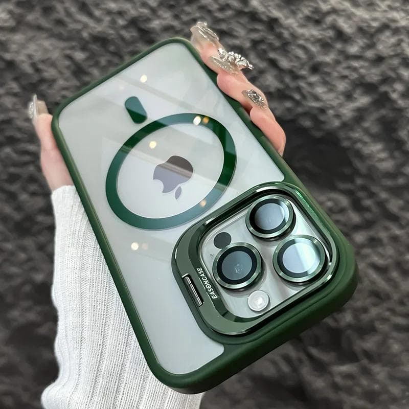 Luxury Magnetic Shockproof Phone Case For iPhone 16 15 14 13 12 11 Pro Max Plus Funda Stand Glass Lens Protection Back Cover iPhone 14 Pro Max dark green