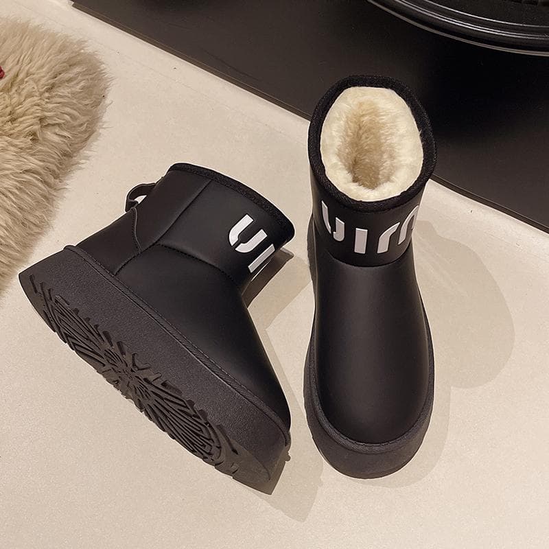 AJGS New Classic Thickened Fluff Women's Snow Boots Leather Warm Ankle Boots Women Winter Ladies Shoes Chunky Ankle Boots 39 black
