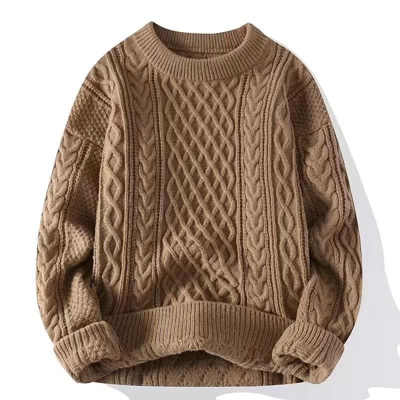 Men's Thick Cable Knit Sweater - Casual, Mature, Solid Color Pullover for Autumn and Winter Extra Large khaki