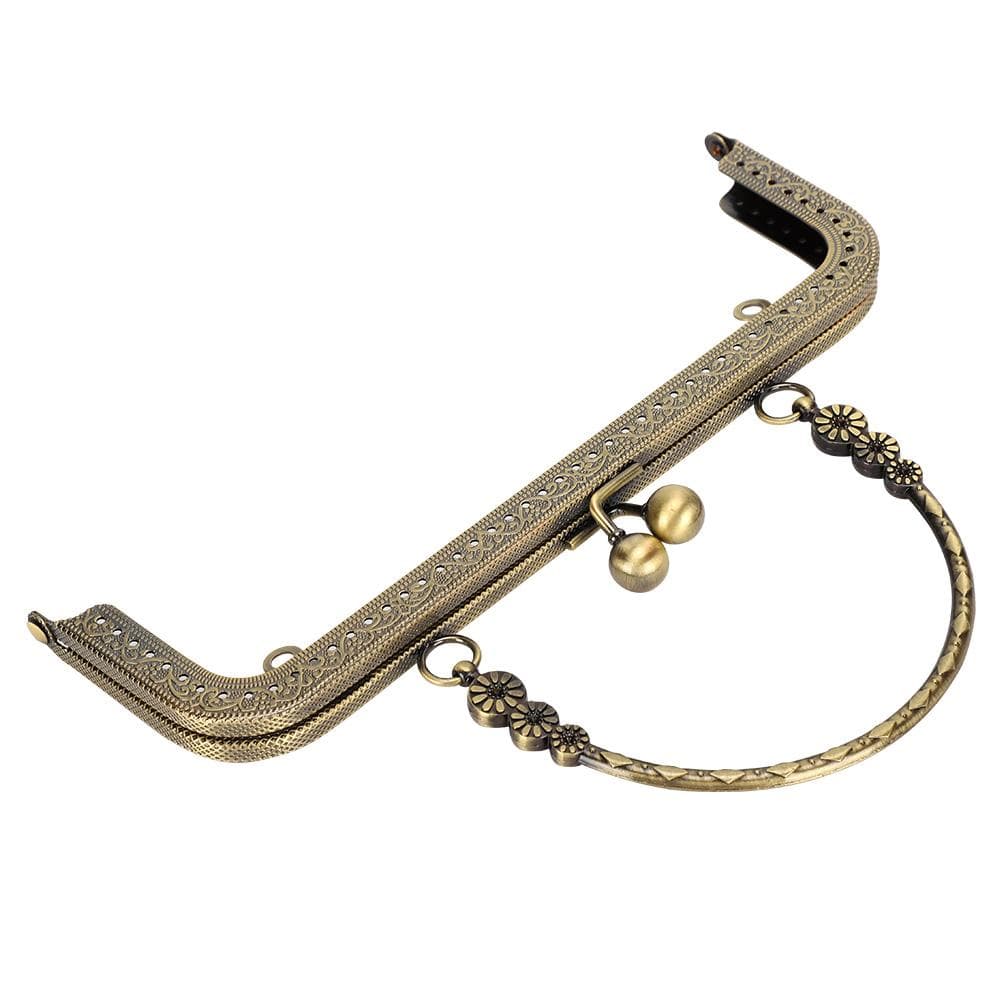 Metal Purse Frame Kiss Clasp Lock Bronze Tone Retro Square Embossed Portable Handle 20.5cm