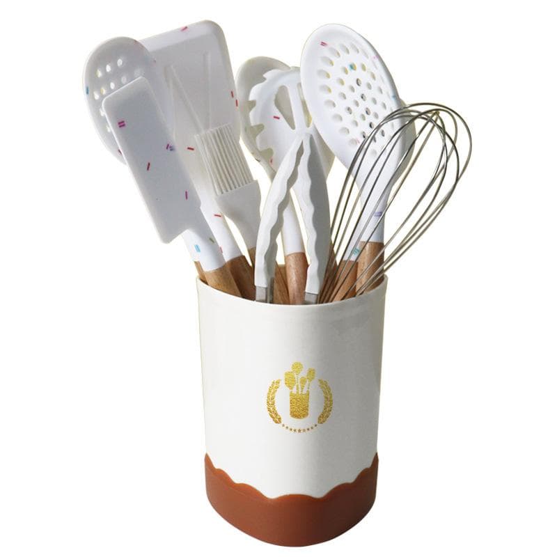 Wooden Handle Silicone Cookware 11-piece Spatula Spoon Non-stick Pan High Temperature Resistant Home Kitchen Tools Set Triangle Bucket multicolour