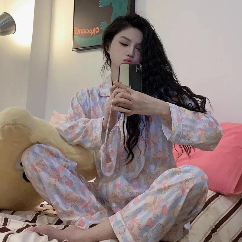 Spring New Milk Fiber Luxury Women's Pajamas Lapel Cardigan Womens 2 Piece Outfit Set Cute Cat Printing Pajama Suit Women M white