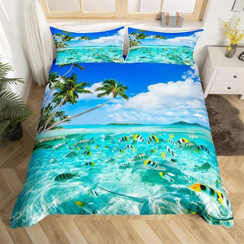 Blue Beach Duvet Cover for Boys Girls Ocean Bedding Hawaiian Tripocal Marine Life Sea Fish Printed Bedroom Decoration Queen Size 140x210cm 2pcs