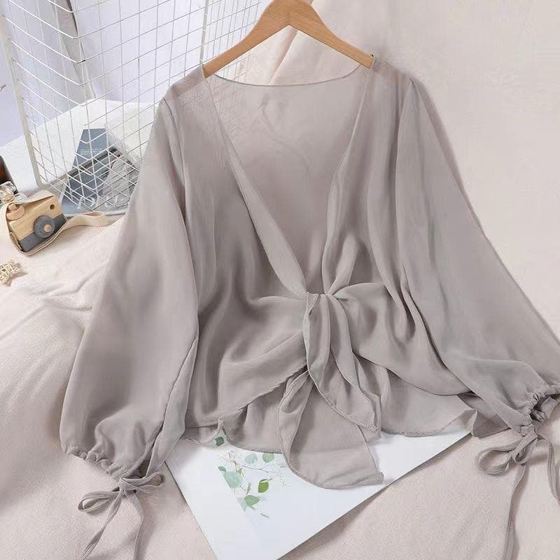 Chiffon Shirts Women Solid Casual Sun Protection Cardigan Summer Loose All Match Thin Sunscreen Blouses Coat XS grey