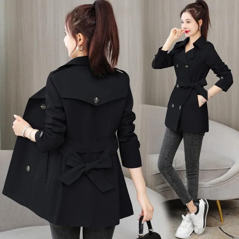 Spring Autumn Trench Coat Women Clothes Slim Long-Sleeved Short Windbreaker with Belt Casual Outwear Female Tops Lining M black
