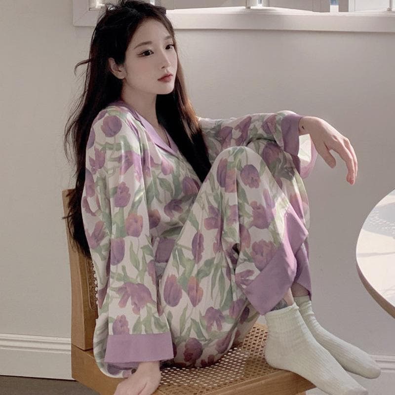 High-End Green Floral Lapel Pajamas Set for Women XL (115-130 jin)