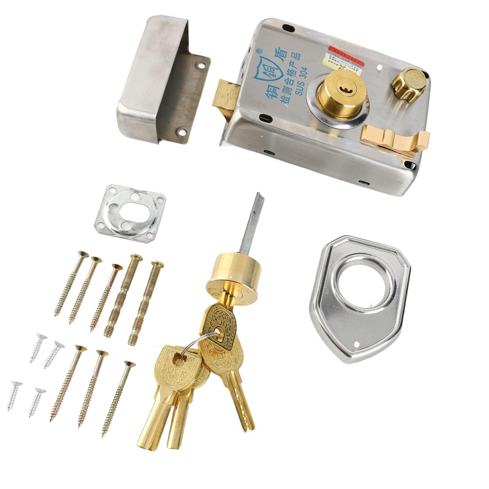 Rim Lock Set Stainless Steel Vintage Type Universal Home Door Gate Safety Vertical Keyway Cylinder