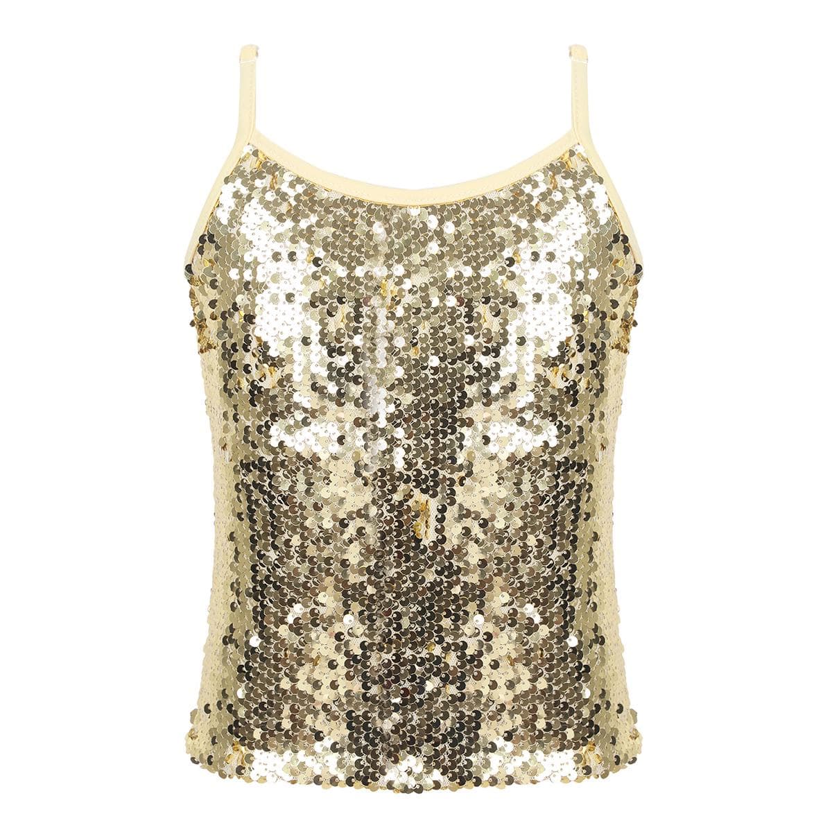 Kids Girls Shiny Metallic Spaghetti Shoulder Straps Tank Top for Gymnastic Dance Competition 14-16 Years gold