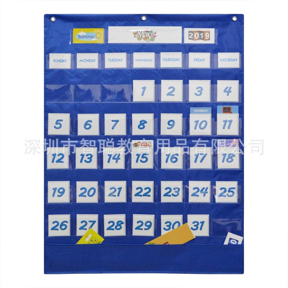 School Classroom Calendar Pocket Chart Wall Calendar & Weather Chart with 117 Cards Teaching Tool blue