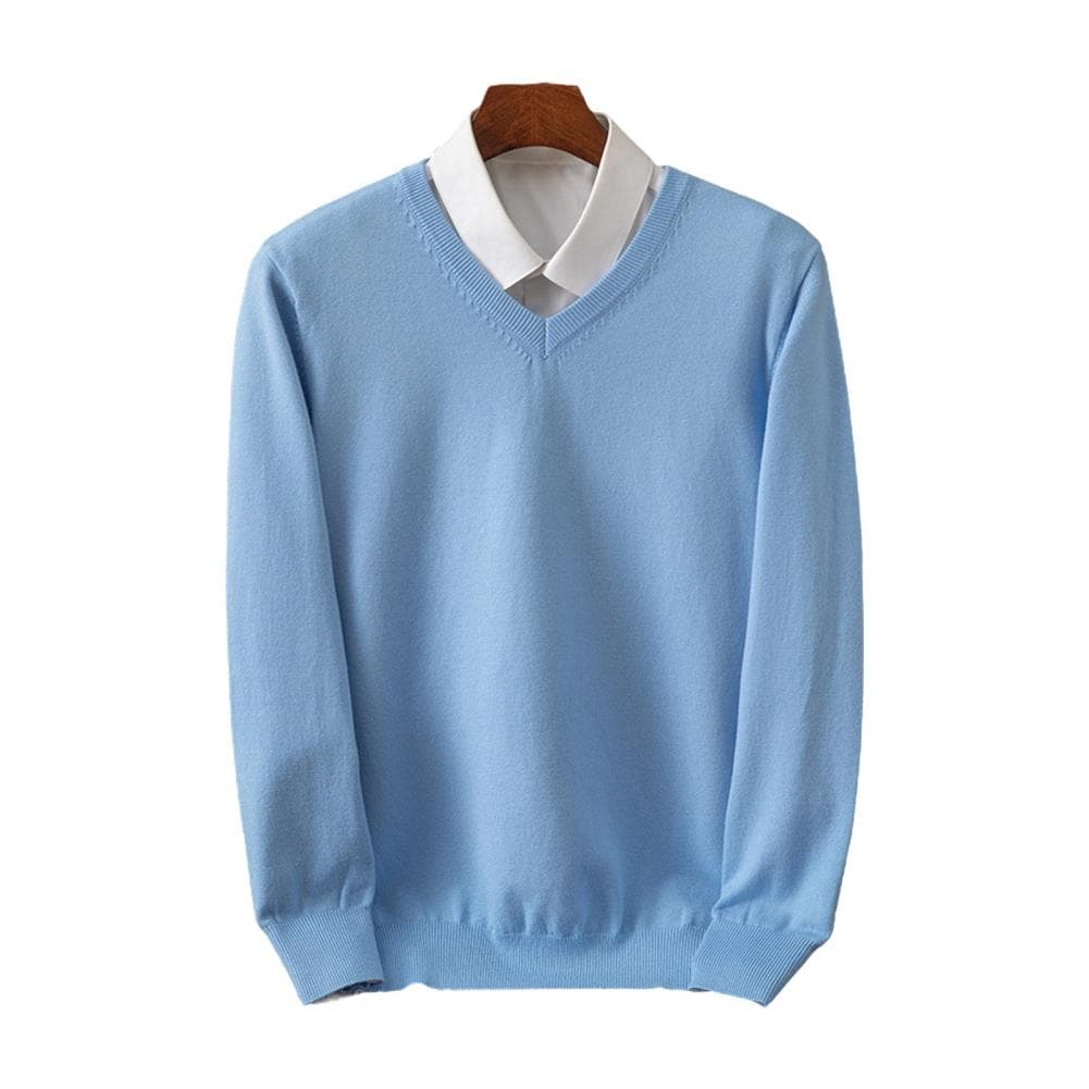 Men Fall Winter Sweater Fake Two-piece Shirt Patchwork Turn-down Collar V Neck Long Sleeves Elastic Pure Color Slim Fit Warm Kni L light blue