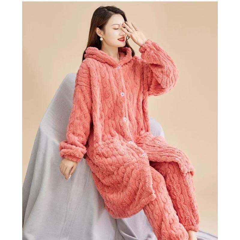 Women's Pajama Set Winter Fleece Long Sleeve Warm Ladies 2 Pcs Bathrobe and Pant Thick Hooded Loose Home Clothes for Female 3XL pink