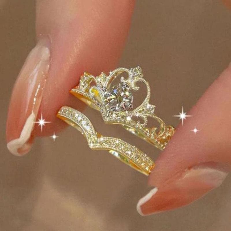 2PCS Fairy Sparkling Crown Rings for Women Teen Crystal Korean Adjustable Silvery Anniversary Gift Party Queen Ring Set Jewelry gold