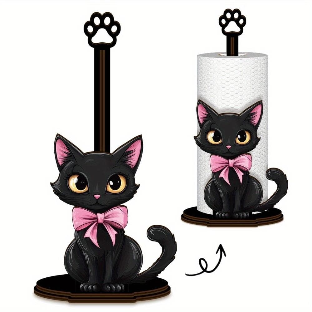 Cling Film Roll Wooden Tissue Holder Black Cat Shape Towel Holder Storage Rack  Kitchen Use C