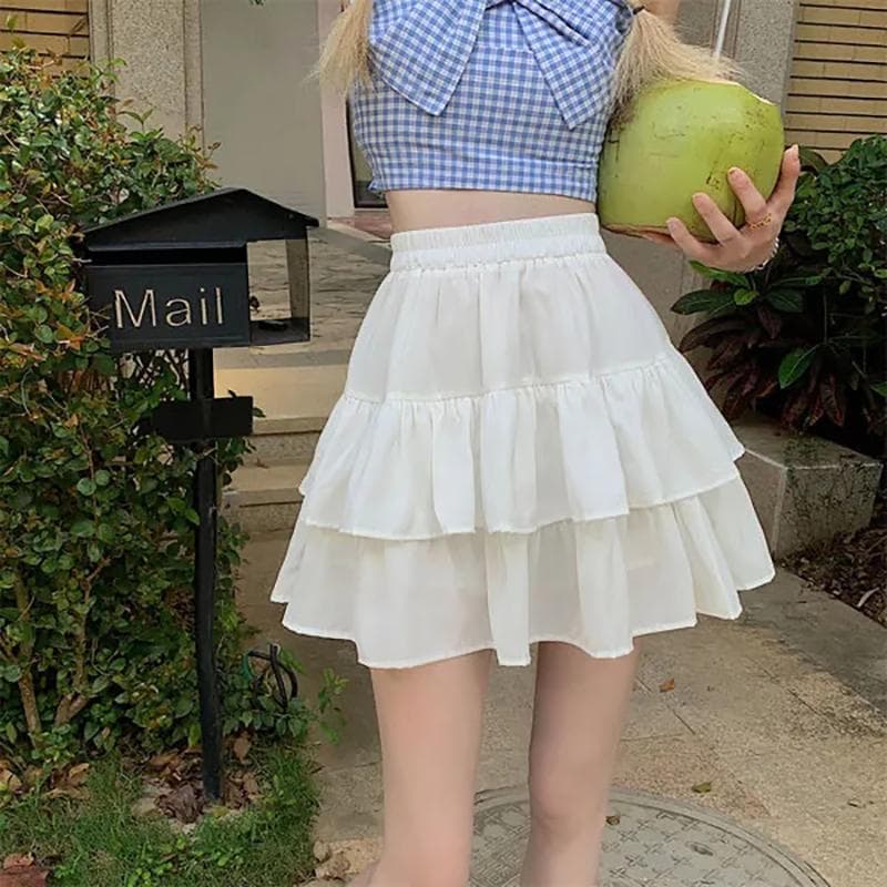Black White Mini Skirts Women Spring Summer All-match Double Layer Cake Skirt Elastic High Waist Loose Ruffles Tutu Skirt 2XL white