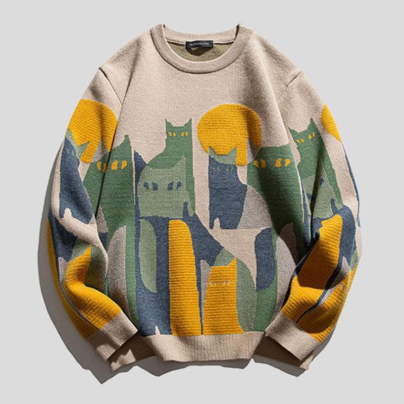 Mens Women Pull Knitted Sweater With Cats Sweatshirts Y2K Clothes Pullover Long Sleeve Winter Jumper Knit Fleece Sweater For Men L beige