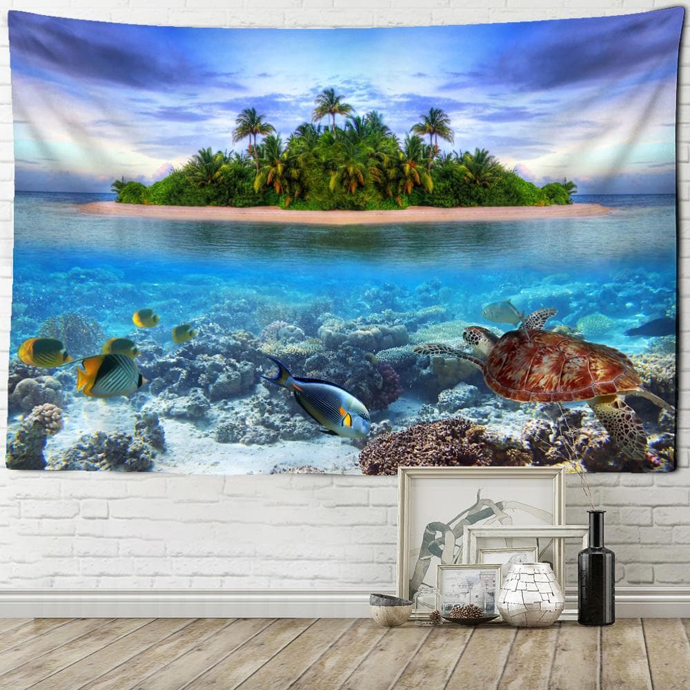 Island Landscape Painting Tapestry Wall Hanging Turtle Fish Aesthetic Room Bohemian Nature Art Mystery Home Decor 95x70cm