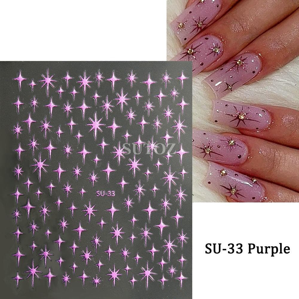 3D French Stars Nail Stickers Laser Golden Purple Stars Nail Decals Glitter Charms Manicure Art Decor