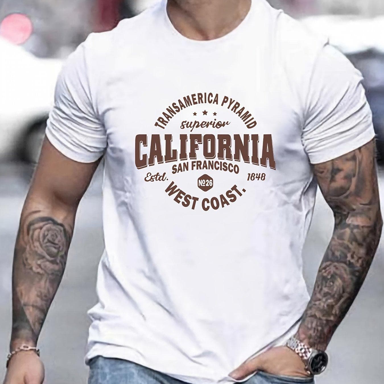 Men's 100% cotton casual sports loose fit California West Coast print round neck short sleeved T-shirt top M
